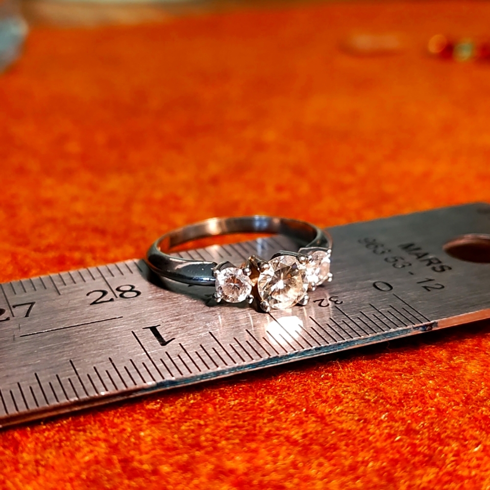 3 stone diamond ring in 14k white gold (as 5.75, but resizable)